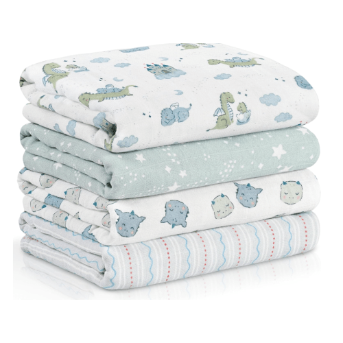 4-Pack Muslin Swaddle Blankets for Newborns | 100% Cotton Breathable Soft, Large 31.5"x43.3" | Multi-Use Stroller Sunshade Nursing Cover & Receiving Blanket, Blue Dinosaur