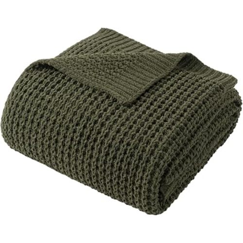 Olive Green Throw Blanket for Couch, Waffle Knit Blanket Throw 50"x60"