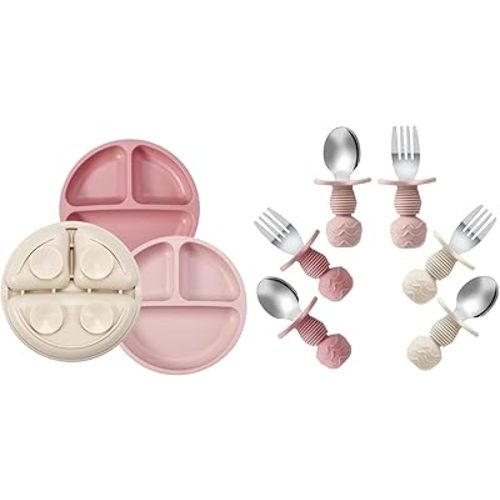 PandaEar 3 Pack Toddler Plates & 6 Pack Baby Spoons and Forks