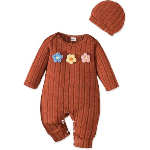 Newborn Baby Girl Clothes Infant Romper Fall Winter Outfits Floral Letter Bodysuit+Hat