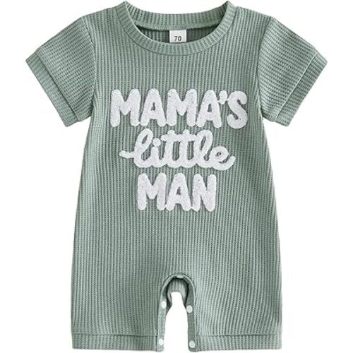allshope Newborn Baby Boy Summer Outfit Romper Letter Embroidery Short Sleeve Jumpsuit Bodysuit Cute Infant Waffle Clothes