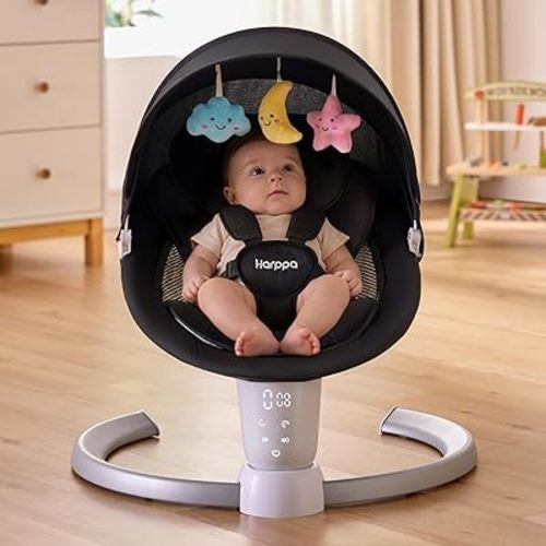 HARPPA Weddell Electric Baby Swing for Infants, 5-Point Harness, 5 Motion Levels, Remote & Touch Control, Built-in Melodies, Portable Baby Swing for Indoor Use,Matte Black