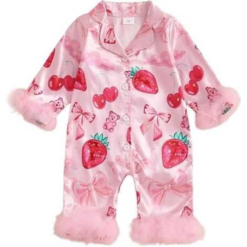 Footless Pajamas Baby Girl Bow Print Romper Lapel Button Long Sleeve PJs