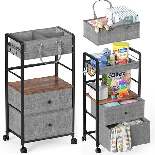 2IN1 Baby Diaper Caddy Organizer & 4-Tier Rolling Cart, Bedside Cart for Baby Essentials Nursery With Drawers, Metal Mobile Diaper Caddy Cart with Wheels, Storage Basket with Dividers for Baby Shower