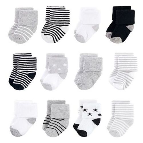 Hudson Baby Infant Unisex Cotton Rich Newborn and Terry Socks, Gray Black Stars
