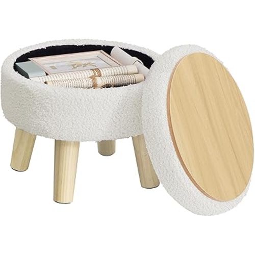 SONGMICS Storage Ottoman, Foot Stool, Round Ottoman with Padded Seat, Foot Rest with Wood Legs, Small Table, for Hallway, Living Room, 12.2 Inches, Teddy Fleece, White ULOM515WD01