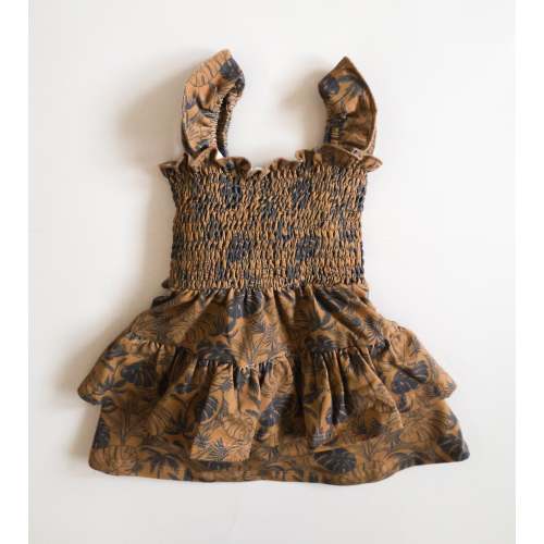 Little Surfer Girl Brown Tropical Ruffle Dress