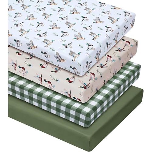 VitalCozy 4 Pcs Mallard Duck Crib Sheet Set Newborn Bedding Nursery Baby Sheets for Girl Boys Baby Gifts for Standard Crib and Toddler Mattresses, 52 x 28 x 8 Inches