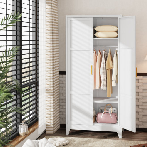 Ebern Designs Metal Wardrobe Cabinet with Wooden Handle, 34" Wide Metal Wardrobe Closet with Hanging Rods and Adjustable Shelves & Reviews | Wayfair