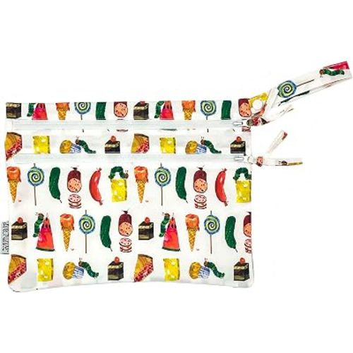 BapronBaby Eric Carle Food Parade Wet Dry Bag - Waterproof Two Zipper Pockets - Reusable for Mealtime, Diapers, Stroller, Snacks, Swimsuits - Machine Washable - 11" x 9"