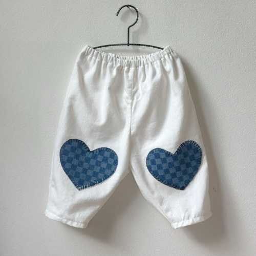 Handmade Organic Cotton Baby Pants, Denim Heart Patch Applique, 12-18 Months