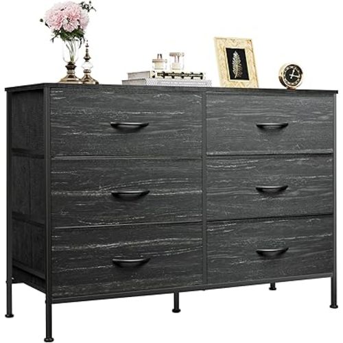 WLIVE 6 Drawer Dresser for Bedroom, Wide Fabric Dresser TV Stand for 50 Inches TV with Metal Frame, Wooden Top, Chest of Drawers, Dressers for Living Room, Hallway, Charcoal Black Wood Grain Print