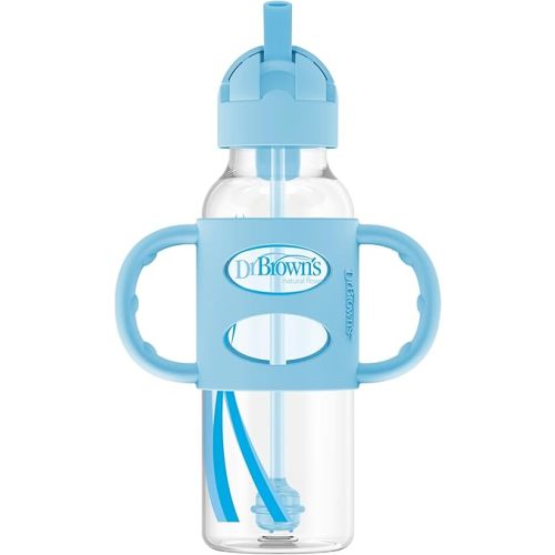Dr. Brown's Milestones Narrow Sippy Straw Bottle, Spill-Proof with 100% Silicone Handles and Weighted Straw, 8 oz/250 mL, Blue, 6m+