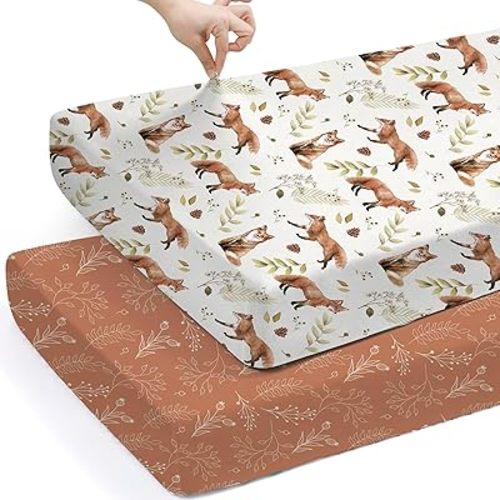 BROLEX Baby Fitted Crib Sheets: Kid Crib Sheets - Set of 2 for Toddler Standard Size Crib Mattress for Boys and Girls - Jersey Knit Crib Bed Sheets Fox&Foliage