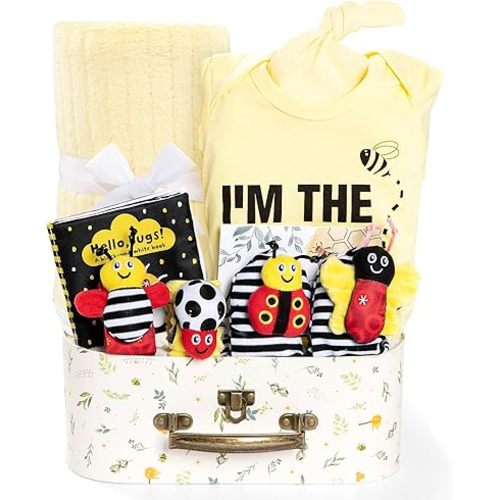 Baby Gift Set for Newborn, Bee Baby Shower Gifts Basket, High Contrast Baby Book Toys 0-6 Months Infant Rattle Socks Blanket Hat Onesie Baby Gifts Essentials for Girls Boys