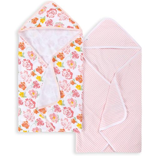 Burts Bees Baby Infant Hooded Towels Rosy Spring Organic Cotton, Unisex Bath Essentials and Newborn Necessities, Soft Nursery Towel with Hood Set, 2-Pack Size 29 x 29 Inch
