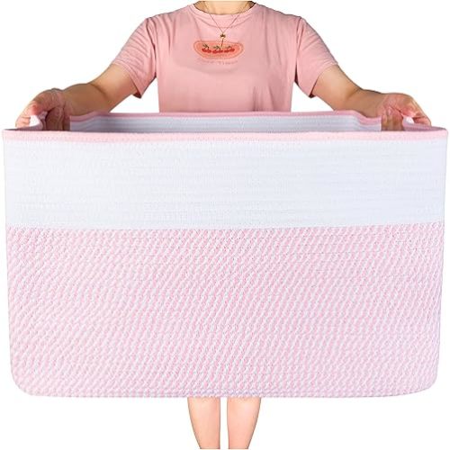 MINTWOOD Design 22in Extra Large Blanket Basket Holder Living Room, Rectangle Rope Woven Storage Basket with Handles for Laundry, Pool Towels, and Shoes, Dog Toy Organizer Bin Box, Light Pink