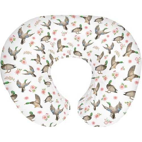 Mallard Ducks Boho Floral Baby Nursing Pillow Covers for Boy Girl Green Duck Spring Nursery Pillowcase for Breastfeeding Pillows Wild Duck Hunting Soft Stretchy Slipcovers for Newborn Infant
