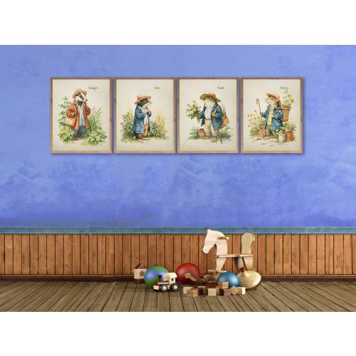Wind in the Willows Nursery Art, Discounted Set of 4 Prints, Badger Ratty Mole Toad,  Boho Nursery Decor, Baby Shower Gift st4 #ana174
