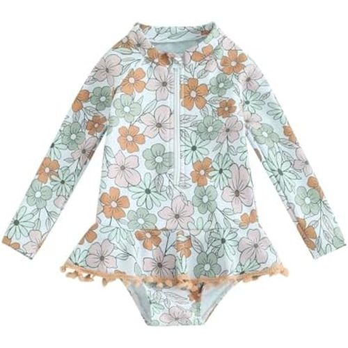 Yccutest Toddler Floral Bathing Suit Girls Long Sleeve Zipper Ruffle Tassel One Piece Swimsuit Kids Rash Guard Swimwear Beach