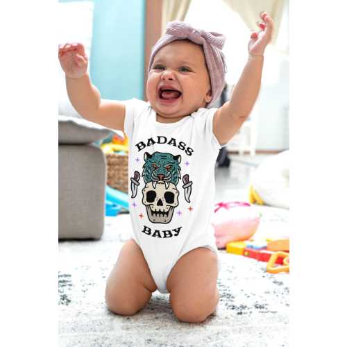 Badass Tattoo Style Baby Bodysuit, Skull Tiger Punk Rock Onesie
