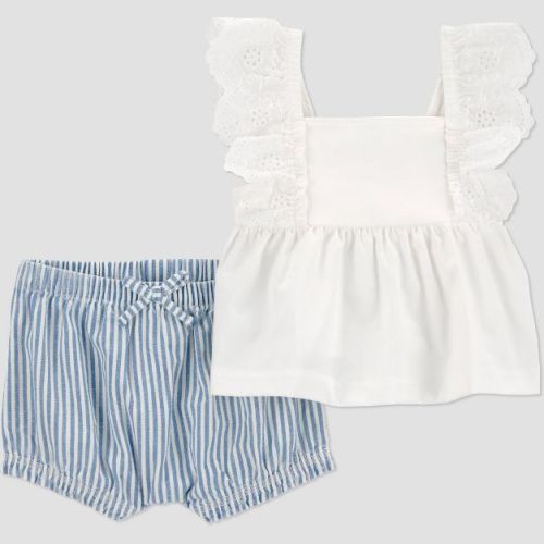 Carter's Just One You® Baby Girls' 2pc Chambray Ruffle Tank Top and Shorts Set - Blue/Ivory 3M