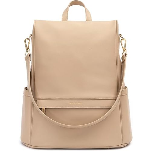 MIA + SOPHIA Leather Diaper Bag Backpack with USB Charging port, Changing Pad, Stroller Straps, and Bottle Holder (Beige Mia)