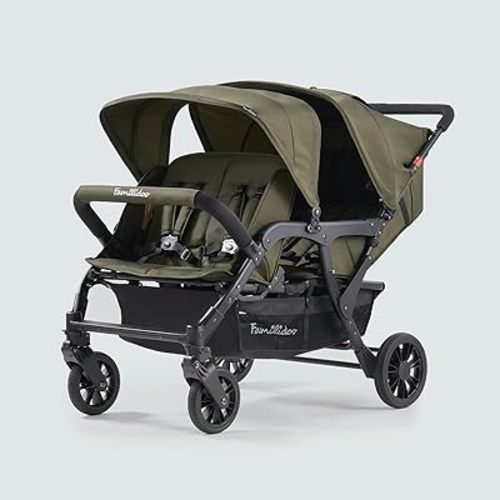 Familidoo H4E Quad Lidoo Lite 4-Seater Stroller Wagon for Kids, Lightweight & Foldable with Reclining Seats, 5-Point Harness, Double Canopy & Rain Cover (Olive)