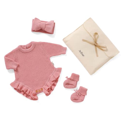 Avibae Cotton Newborn Set with Knit Sweater, Hair Band, Booties, Baby Girls | Warm Cute Infant 3 Piece Set With Gift Bag and Greeting Card