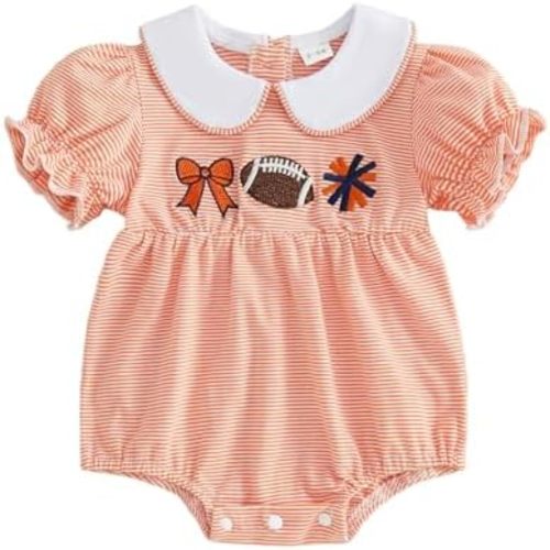 Newborn Baby Girl Clothes Football Embroidery Striped Puff Short Sleeve Jumpsuit Rugby Smocked Bubble Outfit