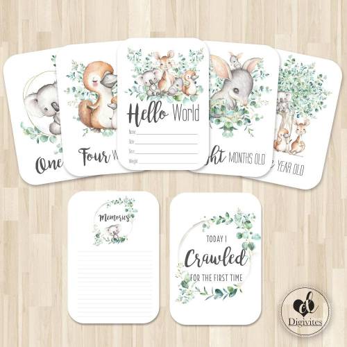 Australian Animals Baby Milestone Cards, Photo Props, Eucalyptus, A6