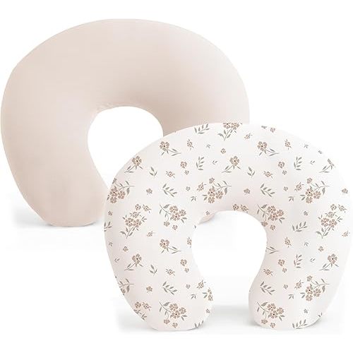 Konssy 2 Pack Nursing Pillow Covers, Stretchy and Soft Nursing Cover for Breastfeeding, Pillow Slipcover for Baby Girls Boys Newborn (Beige, Blossom)