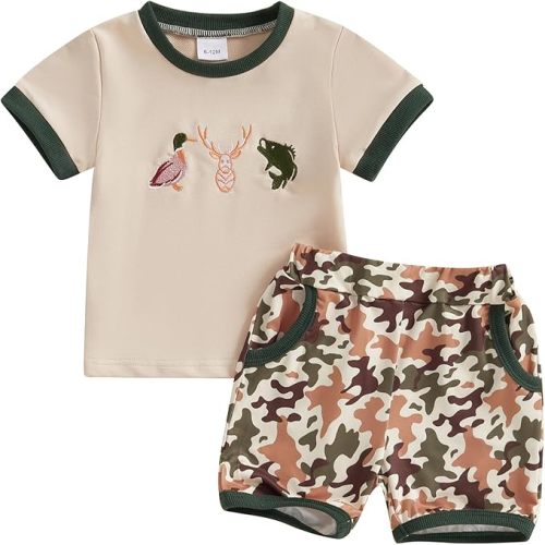 Toddler Baby Boy Summer Clothes Duck Print Short Sleeves T-Shirt Elastic Camouflage Shorts 2 Piece Outfit