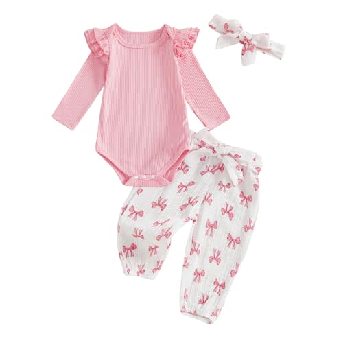 Hnyenmcko Newborn Baby Girl Fall Outfits Rib Frill Long Sleeve Ruffled Romper Solid Pants Headband Set 3Pcs Winter Clothes