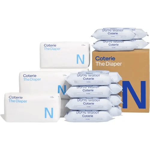 Coterie Baby Wipes + Diapers Kit, Size Newborn Diapers (186 Count) & 12 Pack (672 Count) Baby Wipes with 99% Water, Plant Based Materials, Hypoallergenic for Sensitive Skin