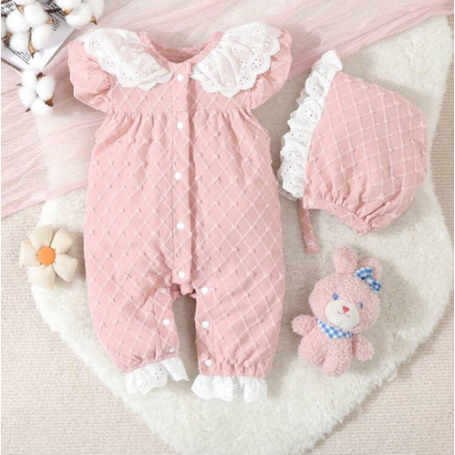 Baby Girls' Pink Simple Style Short Sleeve Long Jumpsuit With White Lace Edge For Home-Wear