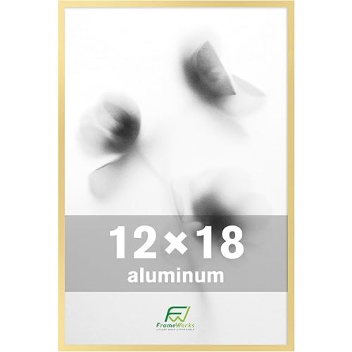 FrameWorks 12x18 Brushed Aluminum Poster Frames – Modern Brushed Metal Design w/Shatterproof Plexiglass, Perfect for Posters, Artwork, Paintings, Wall Displays – Home or Office Decor, Gold - 1 Pack