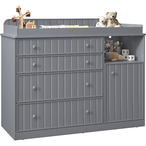 Grey Changing Table Dresser with 4 Drawers, Baby Nursery Diaper Table