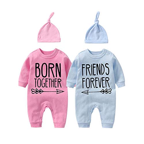 YSCULBUTOL Baby Twins Bodysuit with hat Born Together Friend Forever Baby boy Clothes Toddler Girl Clothes