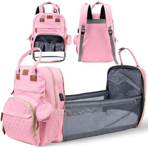 Diaper Bag Backpack with Changing Station – Large Baby Diaper Bag with 19 Pockets, USB Port, Waterproof, Insulated Bottle Holders, Stroller Straps – Travel Maternity Bag – Pink