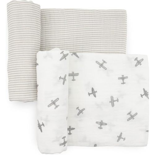 Little Unicorn 100% Certified Natural Organic Cotton Muslin Swaddle Blanket 2 Pack | Giftable Set of 2 swaddles (Pewter Planes)