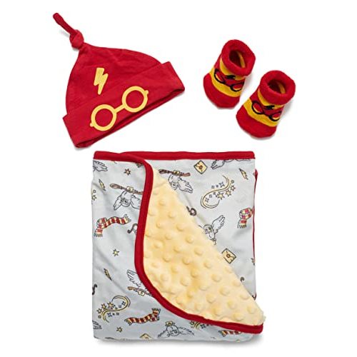 Harry Potter Baby Boys Blanket (Red/Yellow/Grey, 0-12 Months) | Hat, and Socks Set Baby Plush Polar Fleece Blanket 35x35 Baby Gifts