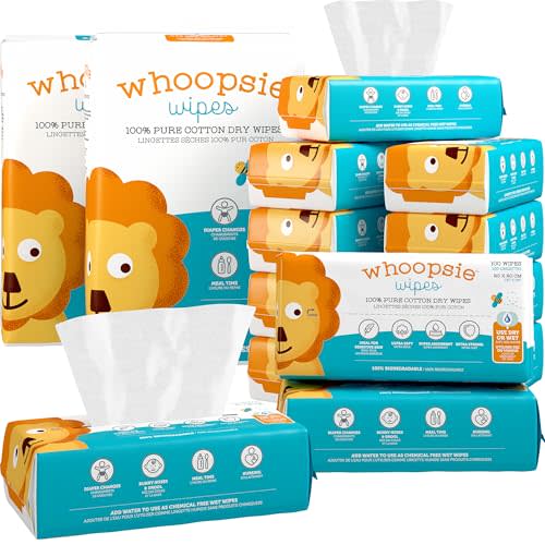Whoopsie Wipes  The Original 100% Pure Cotton Dry Baby Wipes  Ultra Soft, Unscented, Chemical-Free Wipes for Sensitive Skin  Use Dry or Add Water for Wet Wipes  12 Packs (1200 Count)