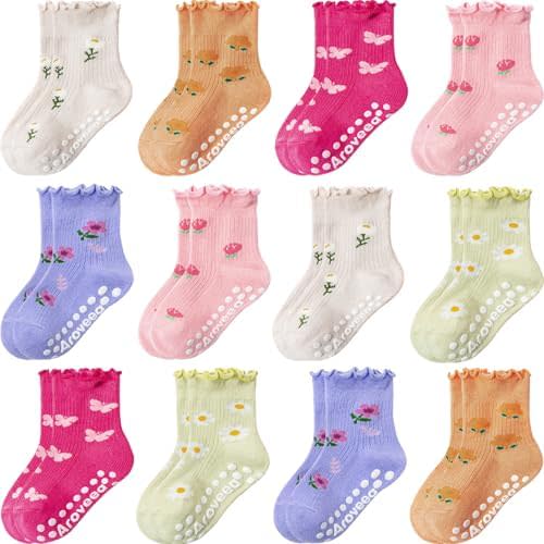 Aroveea Baby Toddler Girls Socks Grip Ruffle Non Slip Girls Cotton 12 Pack Socks for 6-12Months Kids Cute Ankle 6M-7Years