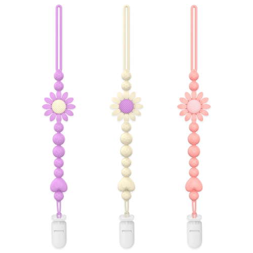 Baby Pacifier Clips One Piece Binky Clip Holder Silicone Teether Clip Pacifier Straps with Clip Baby Teether Toys for Boys and Girls Set of 3 pink+apricot + purple