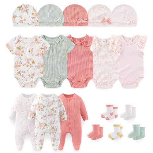 falianni Baby Boy Girl Layette Set 18 Piece Infant Essentials Must Haves Clothes 0-9 Month Rompers+Bodysuits+Hats+Socks