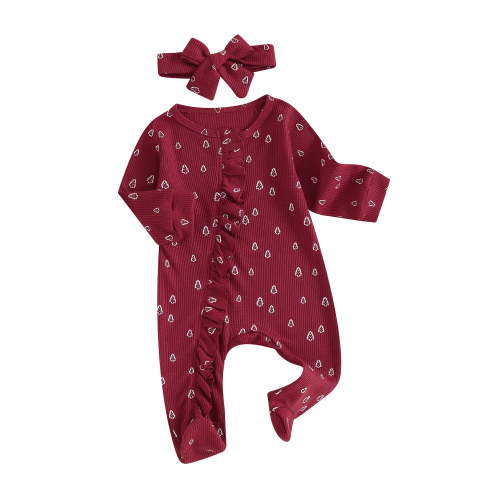 ZINTAOZT Newborn Baby Girls Christmas Outfit Tree Print Ruffle Footies Romper Long Sleeve Zipper Jumpsuit Headband Set