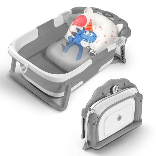 Baby Bathtub,Collapsible Baby Bath Tub with Thermometer & Soft Floating Cushion,Portable Travel Baby Bathtubs for Newborns to Toddlers 0-36 Months(Crab Gray)