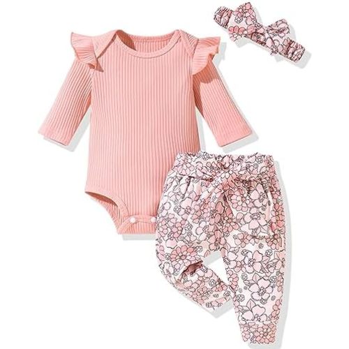 Aalizzwell Preemie Newborn Infant Baby Girls Clothes Ribbed Romper Bodysuit Pants Set Fall Winter Outfits