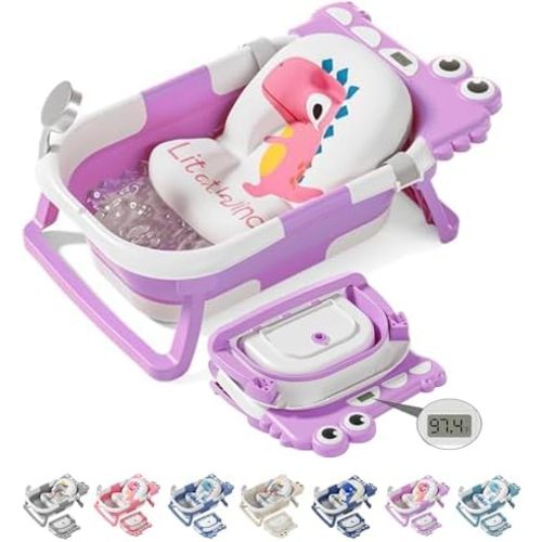 TPN Collapsible Baby Bathtub, Baby Bath Tub with Soft Cushion & Real-Time Thermometer, Baby Bathtub Infant to Toddler Tub (0-36 Months), Portable Newborn Travel Bath Tub